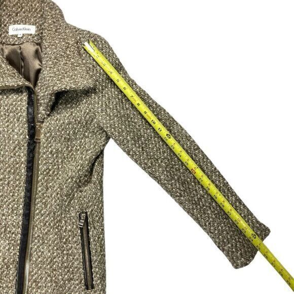 Calvin Klein Tweed Wool Pea Coat Brown Faux Leather Trim Classic Dressy Business - Picture 11 of 15